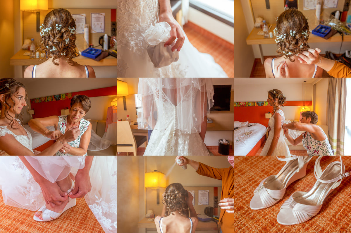 Robe de mariée et bouquet pendant les préparatifs